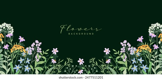 Blumige Grenze mit Muster von Wiesen-Wildblumen und Kräutern. Netter Naturhintergrund mit kleinen Blumen. Botanische flache Vektorillustration auf dunkelgrünem Hintergrund