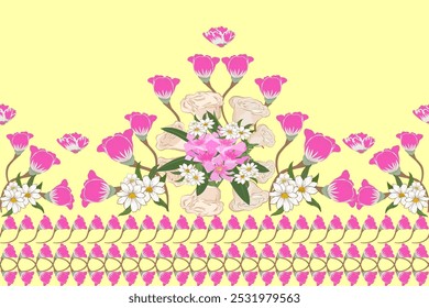 Floral Border Pattern with Pink Tulips, White Daisies, and Cream Roses on Yellow Background, Nature-Inspired Design for Spring-Themed Fashion Textiles, Home Decor, and Digital Products