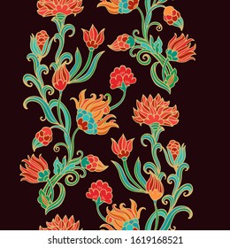  Floral border pattern with stylized chrysanthemum, diasy flowers on dark background