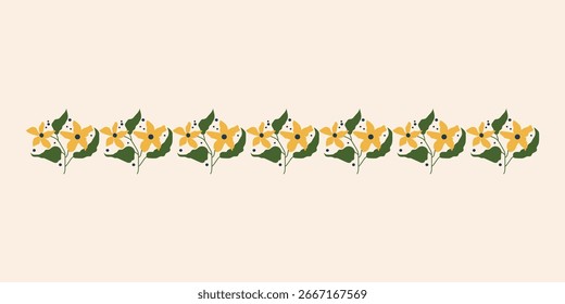 Padrão de borda floral com flores amarelas e folhas verdes. Projeto decorativo retro do divisor botânico no fundo claro.