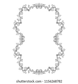 Floral border for picture. Italian vintage ornament for vertical photo. Isolated Retro divider with swirl for greeting card or wedding, decoration vignette. Royal flourish, headpiece template