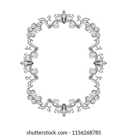 Floral border for picture. Italian vintage ornament for vertical photo. Isolated Retro divider with swirl for greeting card or wedding, decoration vignette. Royal flourish, headpiece template