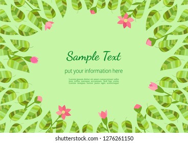 Floral border with pink abstract blossoms on green leaves on green background illustration. Vector decorative frame with fresh seasonal garden flowers. Hand drawn design element. Flyer poster template