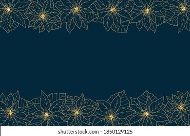 Floral border with poinsettia flower and copy space in golden and blue colors. Vector hand drawn Christmas and New Year illustration for your design, card, banner, invitation, advertising, flyer.
