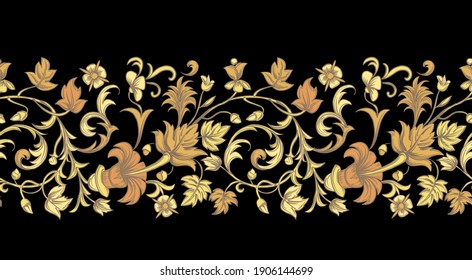 Floral border. Print with gold flowers and leaves on a black background. Vintage vector ornament. 