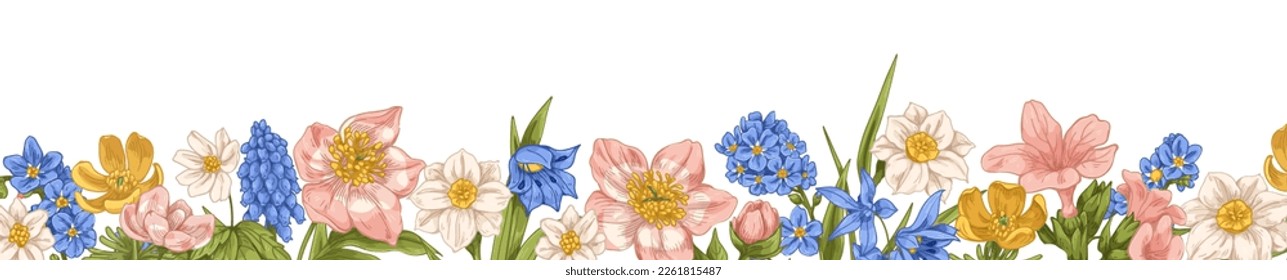 Floral border, retro drawing. Spring wild flowers decoration, banner drawn in vintage style. Blooming blossomed delicate plants, decorative edge. Vector illustration isolated on white background
