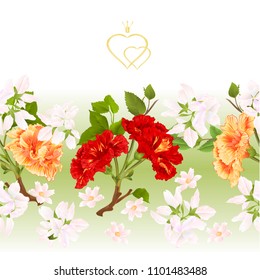 Floral border seamless background branches yellow and red hibiscus tropical flowers   vintage  vector Illustration for use in interior design, artwork, dishes, clothing, packaging, greeting cards