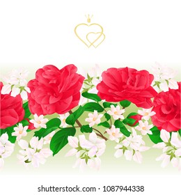 Floral border seamless background with flowers Camellia Japonica  with buds vector Illustration for use in interior design, artwork, dishes, clothing, packaging, greeting cards