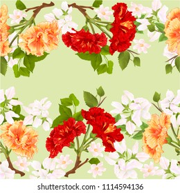 Floral border seamless background horizontal branches yellow and red hibiscus tropical flowers   vintage  vector Illustration for use in interior design,dishes, clothing, packaging, greeting cards