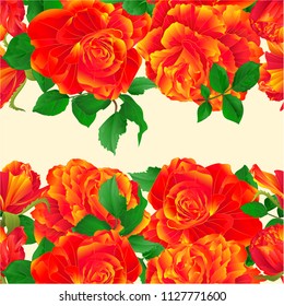 Floral border seamless horizontal background orange rose and buds vintage  vector Illustration for use in interior design, artwork, dishes, clothing, packaging, greeting cards editable hand draw