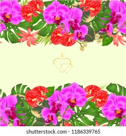 Floral border seamless horizontal background bouquet with tropical flowers floral arrangement,  purple orchid, palm,philodendron and ficus and anthurium vintage vector illustration  editable hand draw