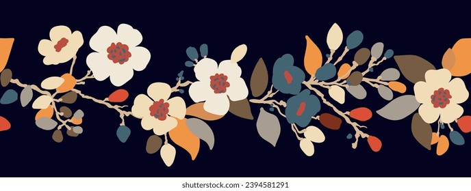 Floral border, seamless ornament. Horizontal seamless pattern. Decorative stylized flowers, horizontal branch of cherry blossoms. Abstract flowers. Vector
