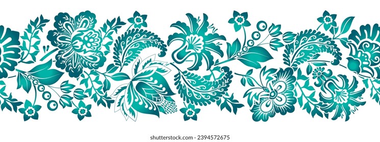 Floral border, seamless ornament. Indian ornament, paisley. Horizontal seamless pattern. Vector design. Decorative stylized flowers, climbing plants