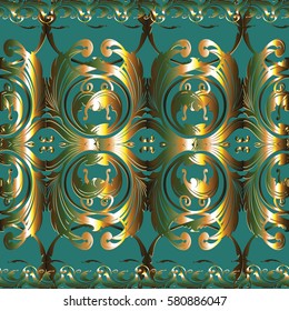  Floral border seamless pattern. Baroque green background wallpaper with  3d  vintage gold damask ornaments, antique  leaves and flowers in Victorian style. Vector surface luxury gold pattern texture.