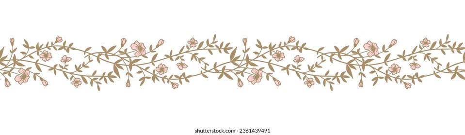 Floral border seamless pattern. Beautiful horizontal banner with hand drawn garland of pink flowers. Vector illustration on white background
