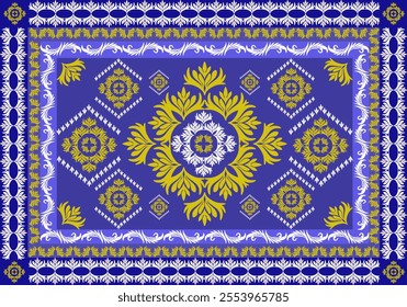 Floral border seamless pattern. Blue on cream in traditional style, decorative element, vintage design background.