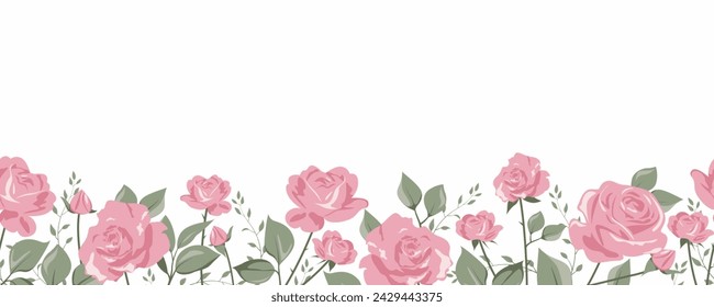 Nahtloses Muster mit floralem Rand. Nettes horizontales Banner mit handgezeichneten blühenden Rosen. Vektorgrafik auf weißem Hintergrund