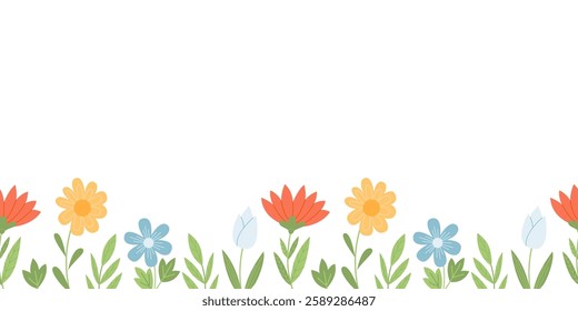 Floral border seamless pattern. Cute horizontal banner with hand drawn spring flowers. Vector illustration on white background