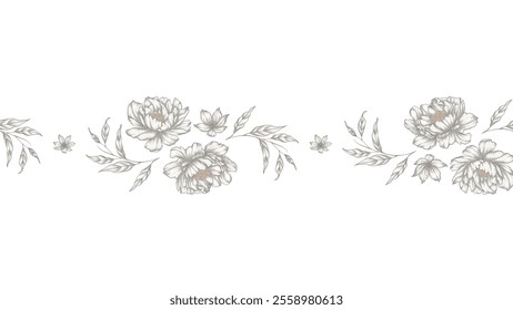 Floral border seamless pattern of delicate and charming peonies and leaves with a vintage aesthetic in shades of soft brown on a white background