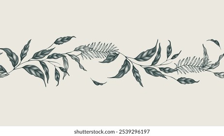 Floral border seamless pattern of lush and intricate various leaves in shades of green and gray on a brown background