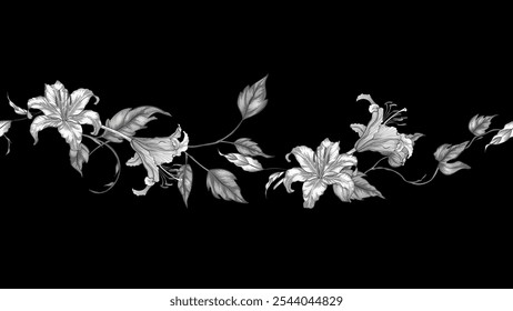 Floral border seamless pattern of vintage delicate lilies, leaves and vines  drawn in a detailed creating a flowing and elegant design on a black background