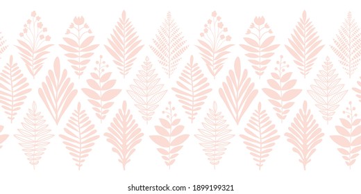 Floral border seamless subtle pink on white. Repeating vector pattern horizontal leaves and flowers in geometric rhombus shapes. Modern elegant design for invites, wedding, card decor, fabric trim.