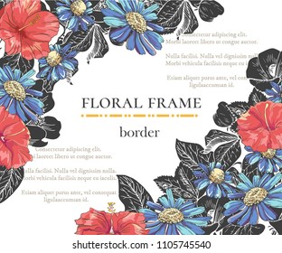 Floral border with sketch black, blue and red blossoms. Frame with hand drawn chamomile and hibiscus. Vector illustration. Vector delicate gothic invitation.