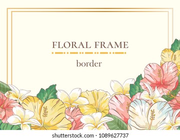 Floral border with sketch colorful blossoms. Frame with hand drawn hibiscus flowers and plumeria. Vector illustration