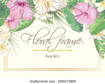 Floral border with sketch colorful blossoms. Frame with hand drawn hibiscus flowers and plumeria. Vector illustration