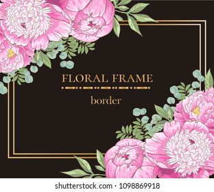 Floral border with sketch colorful blossoms. Frame with hand drawn peony and eucaliptus branch. Vector illustration on black background