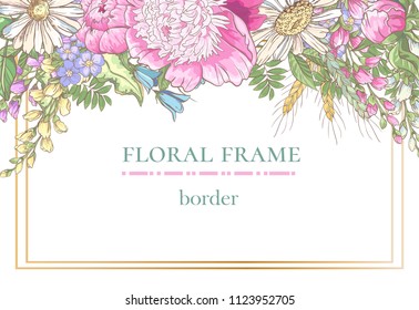 Floral border with sketch colorful blossoms for wedding, marriage, bridal, birthday, Valentine's day. Frame with hand drawn peony chamomie, bluebells and field flowers. Vector illustration