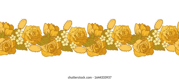 Floral border with soft pastel yellow roses. Vector seamless frame. 