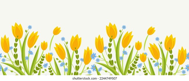 Floral border. Spring seamless pattern. Cute horizontal banner with blooming tulips. Vector illustration on white background