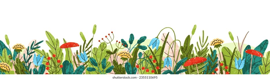 Floral border with summer flowers, blooms, green leaf plants. Field and meadow wildflowers, leaves, horizontal nature decoration on banner, natural background. Isolated flat vector illustration