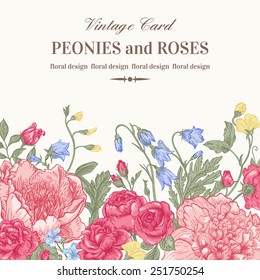 Floral border with summer flowers on a white background. Peonies, roses, bells. Vintage vector illustration.