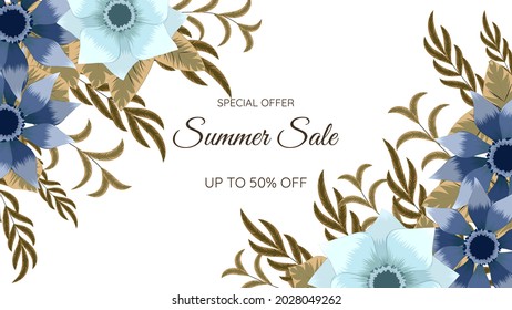 Floral border Summer Sale frame card template for web background, banner, social media post, poster, flyer coupon Voucher. Cute flowers for beauty care products, cosmetics, perfumes, hair care.