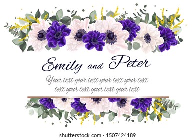 Floral border, template for a wedding invitation. Beautiful blue and white anemones, mimosa flowers, eucalyptus, green plants and flowers.