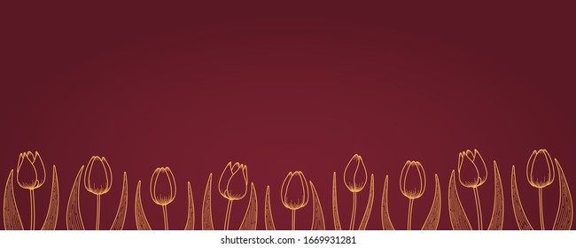 Floral border of tulip flowers, golden on red background, with space for text. Hand drawn vector illustration. Line art. Design concept for summer, spring, Mothers Day print, card, banner element.