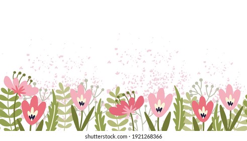 Floral border with tulips. Cute horizontal seamless patterns with hand drawn flowers. Beautiful spring background great for greeting cards, banner, textiles, wallpapers. Vector illustration.
