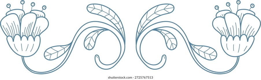 Borde floral con dos flores espejadas y enredaderas que forman un elegante divisor. Simboliza la decoración, el romance, la boda y la naturaleza florecen. Ilustración vectorial de dibujos animados.