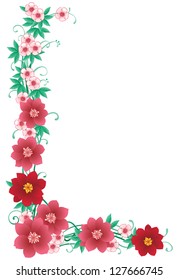 Floral border. Vector decorative  corner with many pink flowers and green leaves