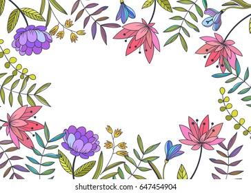 Floral border. Vector horizontal background with beautiful flowers and herbs. Botanical illustration with blooming plants