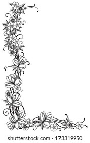 Floral border. Vector ornate  corner with many  flowers and leaves at at engraving style. 