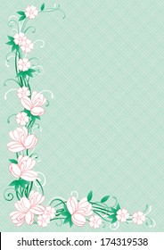 Floral border. Vector ornate  corner with many  flowers and leaves on abstract green background