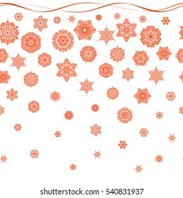 Floral border. Vector pattern, seamless, Christmas background. Christmas snowflakes in orange colors with doodles and dots on white background. Winter boarder.
