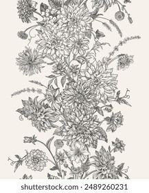 Blumenrabatte. Vertikales nahtloses Muster mit Herbstblumen, Kräutern und Beeren. In: Vektorgrafik Botanical Illustration. Schwarzweiß