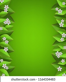 Floral border with white apple or cherry blossoms on fresh leaves on green gradient background - decorative spring or summer frame with flowers and greenery in vector illustration.