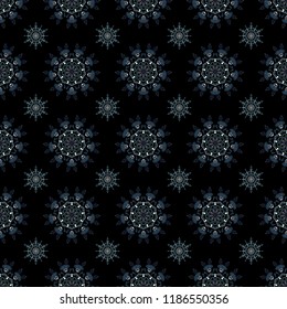 Floral border. Winter boarder. Vector pattern, seamless, Christmas background. Christmas snowflakes in white, blue and violet colors with doodles and dots on black background.