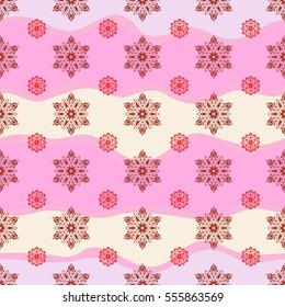 Floral border. Winter boarder. Vector pattern, seamless, Christmas background. Christmas snowflakes in red colors with doodles and dots on wave background.