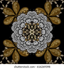 Floral border. Winter boarder. Vector pattern, seamless, Christmas background. Christmas snowflakes in black colors with doodles and dots on black background.